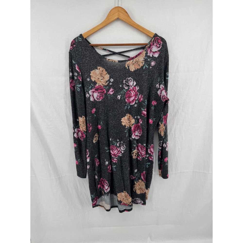 No Boundaries Womens 3XL Grey Floral Long Sleeve Strappy Back Tunic NJ48T214P